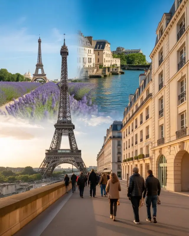 la tour Eiffel, les champs de lavande et un fleuve