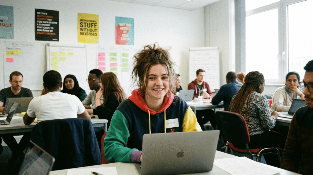 une jeune fille dans une salle de formation