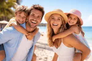un couple avec ses enfants heureux d'être en vacances