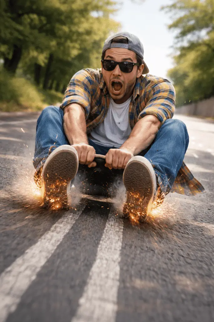 un jeune homme assis sur un skateboard entrain de freiner