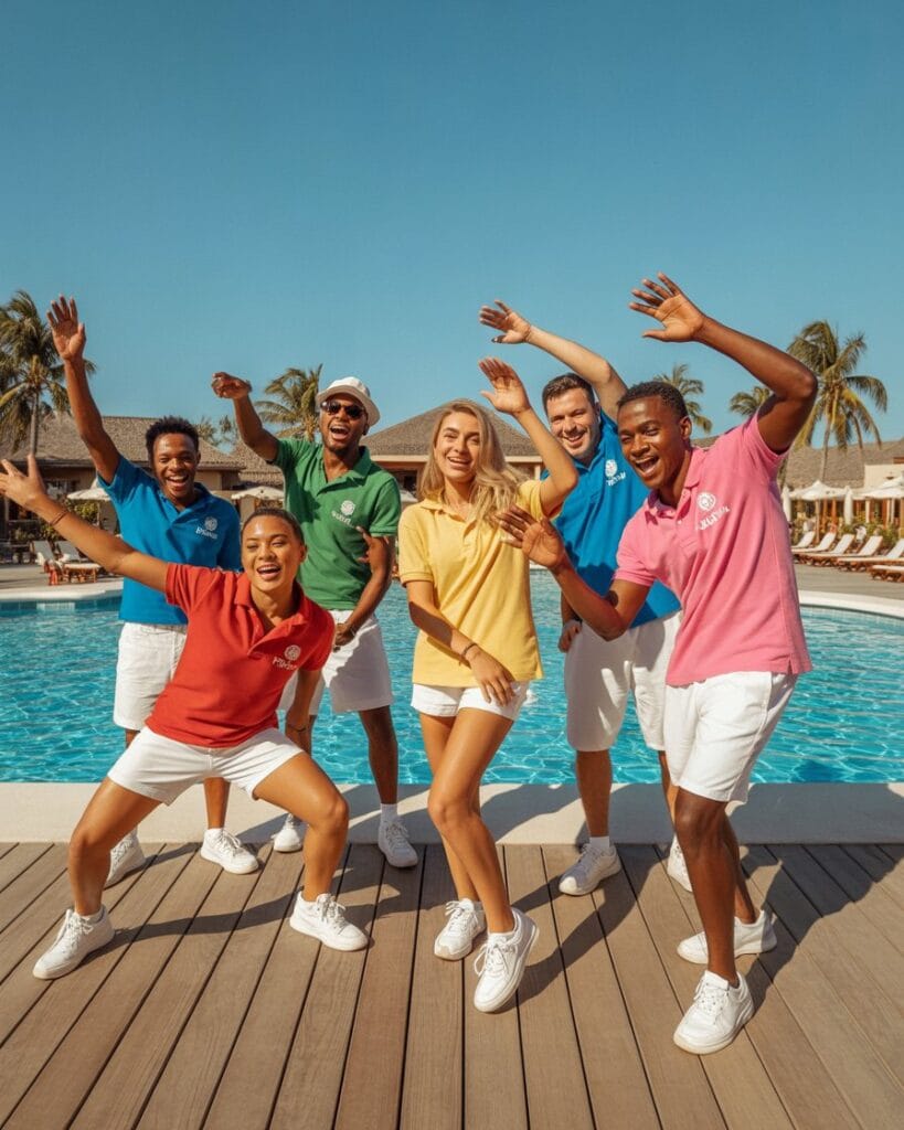 une équipe de jeunes animateurs au bord de la piscine du camping