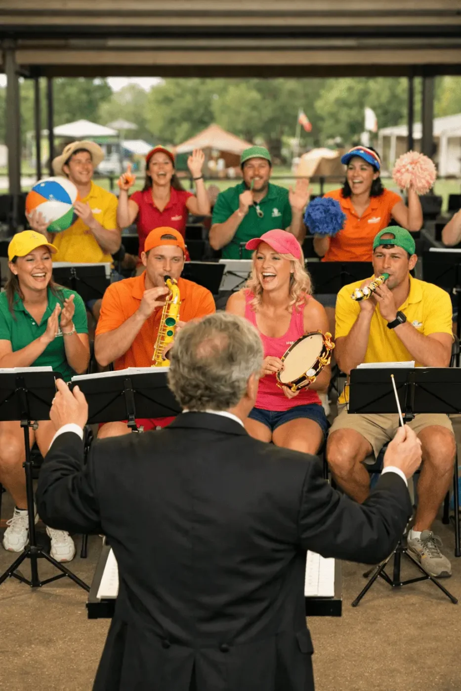 un chef d'orchestre devant des animateurs de camping