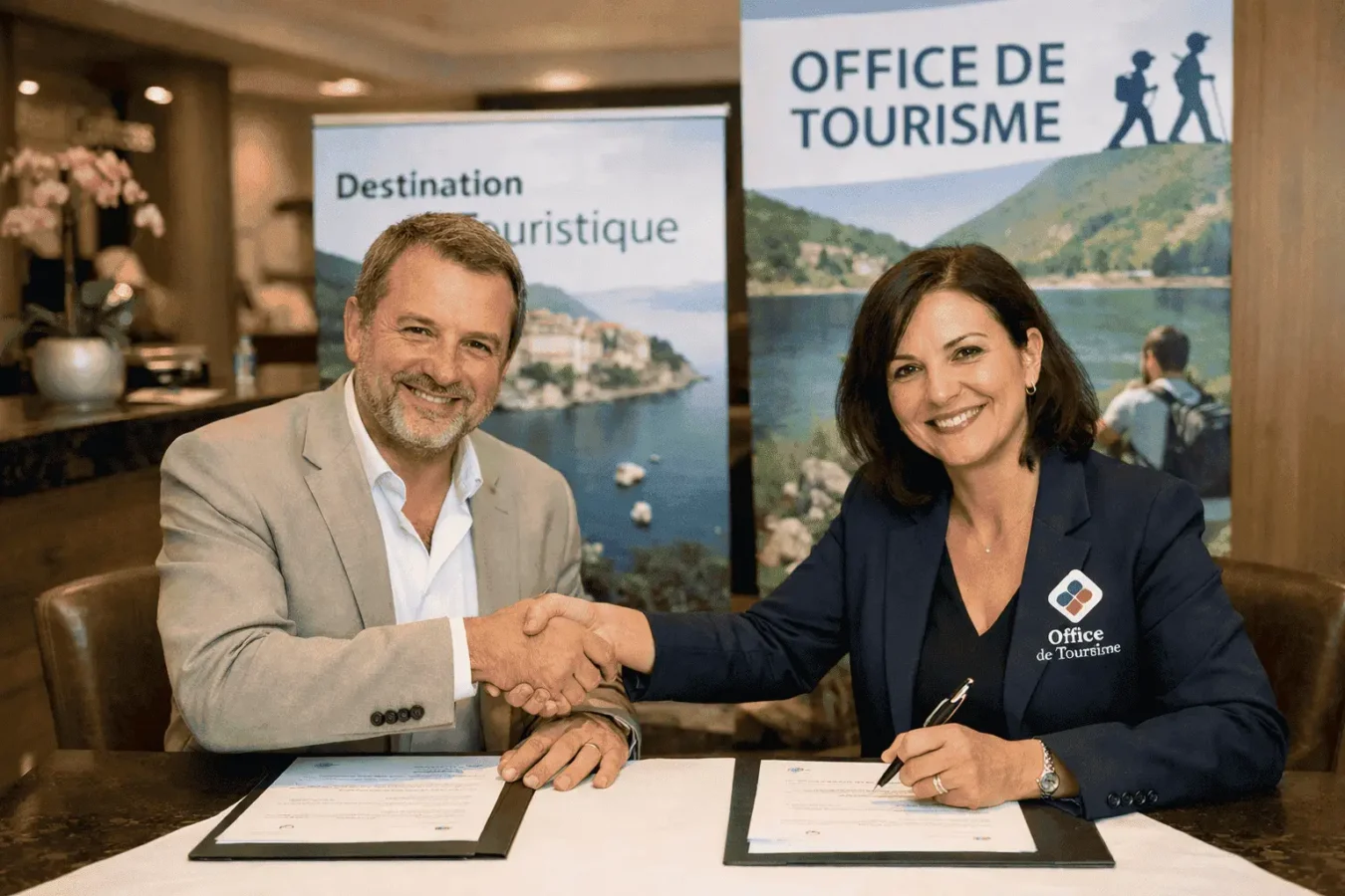 un responsable d'établissement touristique et une responsable d'office du tourisme qui signetnt un partenariat