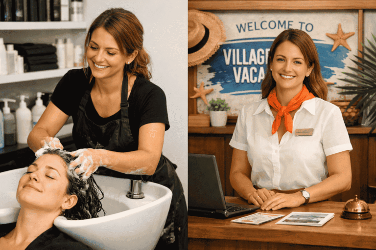 à gauche une coiffeuse qui fait un shampooing et à droite la même personne réceptionnsite d'un village vacances