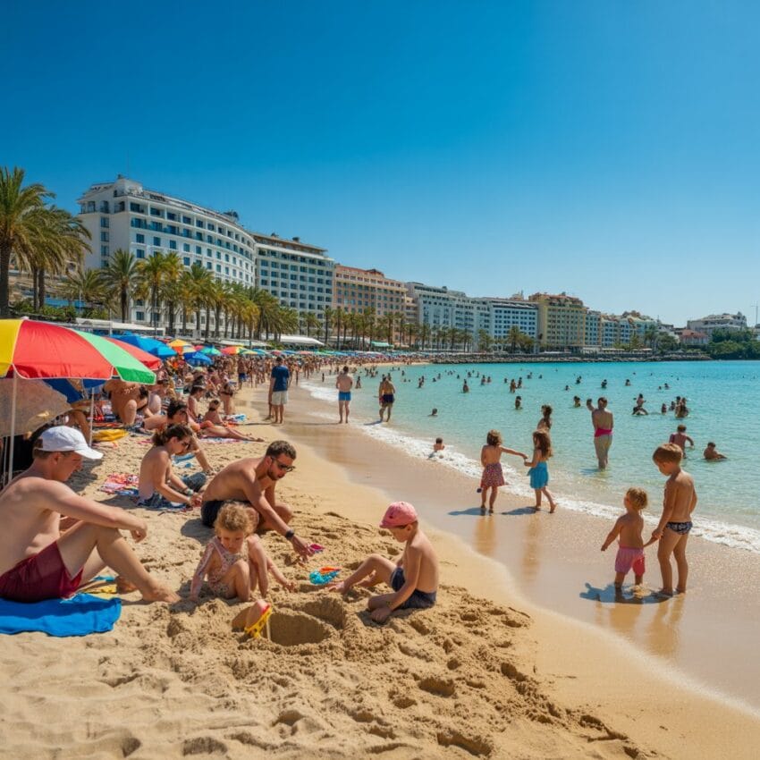plage surpeuplée avec des immeubles au fond